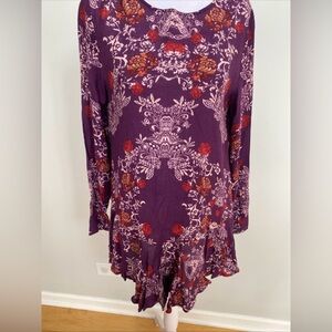 Free People boho floral floaty mini dress long sleeve deep V back pockets loose
